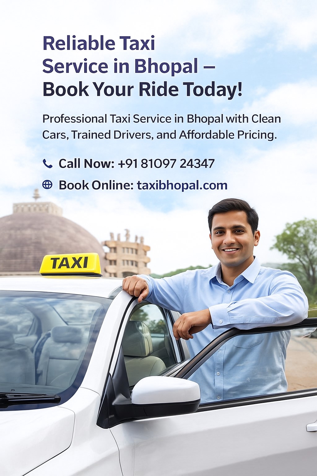 Professional Indian taxi driver in uniform opening Innova Crysta car door in Bhopal - Krishna Travels