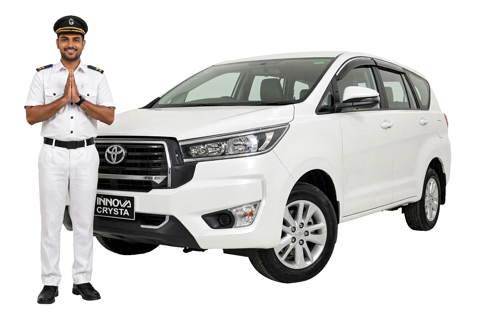 Krishna Travels Bhopal taxi — professional driver beside a white sedan cab